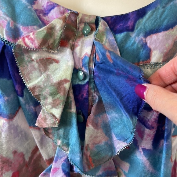 Anthropologie Postmark Tank Silk Watercolor Top Ruffle Blue Purple Sz 4 - Picture 4 of 11